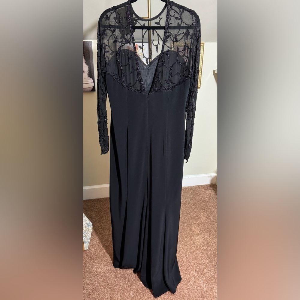 Vintage EUC Oleg Cassini Black Long Sleeve Semi Sheer Beaded Dress Low Cut Back - Picture 6 of 13